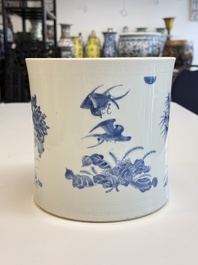 A large Chinese blue and white 'birds, bamboo and flowers' brush pot, Transitional period