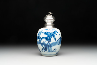 A Chinese blue and white 'Long Eliza' tea caddy with silver mount and cover, Kangxi
