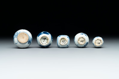 Ten Chinese blue and white miniature vases with figural and floral design, Kangxi