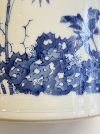 A large Chinese blue and white 'birds, bamboo and flowers' brush pot, Transitional period