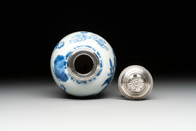 A Chinese blue and white 'Long Eliza' tea caddy with silver mount and cover, Kangxi