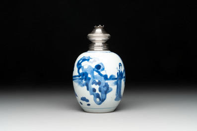 A Chinese blue and white 'Long Eliza' tea caddy with silver mount and cover, Kangxi
