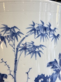 A large Chinese blue and white 'birds, bamboo and flowers' brush pot, Transitional period