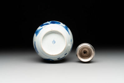 A Chinese blue and white 'Long Eliza' tea caddy with silver mount and cover, Kangxi