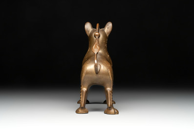 A bronze lion-form aquamanile and two rooster-form aquamanilia, one chromed, Germany, 19th C.