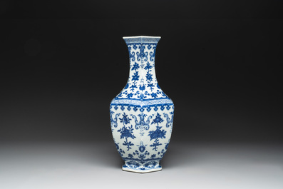 A Chinese blue and white hexagonal 'sanduo' vase, Qianlong mark and of the period
