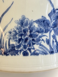 A large Chinese blue and white 'birds, bamboo and flowers' brush pot, Transitional period