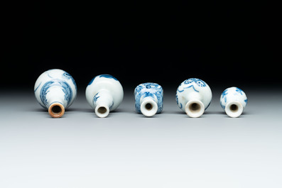 Ten Chinese blue and white miniature vases with figural and floral design, Kangxi