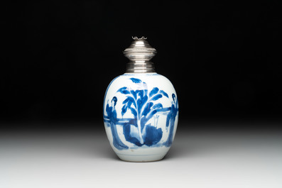 A Chinese blue and white 'Long Eliza' tea caddy with silver mount and cover, Kangxi