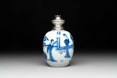 A Chinese blue and white 'Long Eliza' tea caddy with silver mount and cover, Kangxi