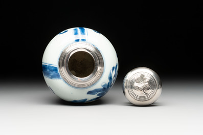 A Chinese blue and white 'Long Eliza' tea caddy with silver mount and cover, Kangxi