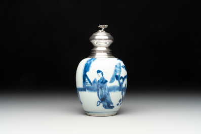 A Chinese blue and white 'Long Eliza' tea caddy with silver mount and cover, Kangxi
