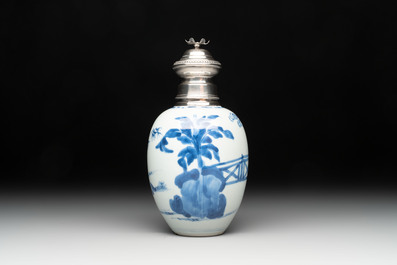 A Chinese blue and white 'Long Eliza' tea caddy with silver mount and cover, Kangxi