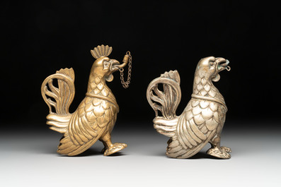 A bronze lion-form aquamanile and two rooster-form aquamanilia, one chromed, Germany, 19th C.