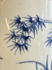 A large Chinese blue and white 'birds, bamboo and flowers' brush pot, Transitional period