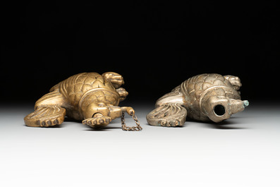 A bronze lion-form aquamanile and two rooster-form aquamanilia, one chromed, Germany, 19th C.
