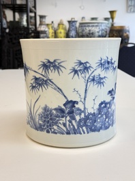 A large Chinese blue and white 'birds, bamboo and flowers' brush pot, Transitional period