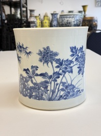 A large Chinese blue and white 'birds, bamboo and flowers' brush pot, Transitional period