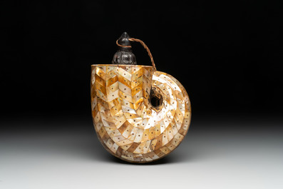 An Indo-Portuguese mother-of-pearl powder horn, Gujarat, 18th C.