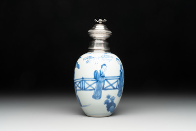 A Chinese blue and white 'Long Eliza' tea caddy with silver mount and cover, Kangxi