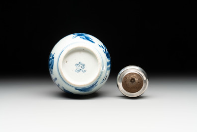 A Chinese blue and white 'Long Eliza' tea caddy with silver mount and cover, Kangxi