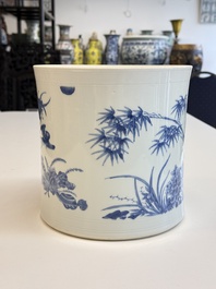 A large Chinese blue and white 'birds, bamboo and flowers' brush pot, Transitional period