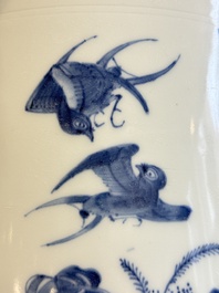 A large Chinese blue and white 'birds, bamboo and flowers' brush pot, Transitional period