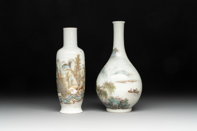 Two Chinese famille rose vases and a covered teapot, Yongzheng and Qianlong mark, signed Yu Wenhuan 余文環, 20th C.