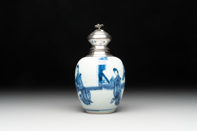 A Chinese blue and white 'Long Eliza' tea caddy with silver mount and cover, Kangxi