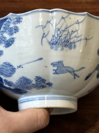 A Chinese blue and white 'Mongolian hunting scene' bowl, Chenghua mark, Kangxi