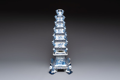 An impressive blue and white Dutch Delft seven-part tulip vase, 19th C.