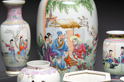 A collection of 13 Chinese famille rose vases and a jardini&egrave;re, Qianlong mark, 20th C.