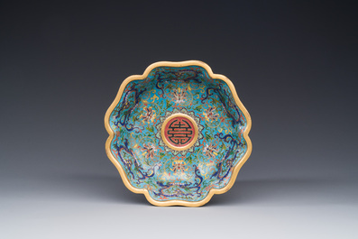 A Chinese flower-shaped cloisonn&eacute; 'dragon' bowl, Qianlong