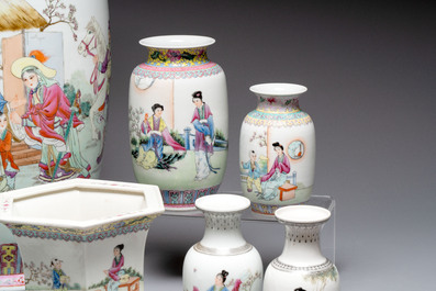 A collection of 13 Chinese famille rose vases and a jardini&egrave;re, Qianlong mark, 20th C.