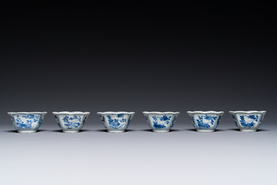 A set of six Chinese blue and white flower-shaped 'sanduo' cups and saucers, lingzhi mark, Kangxi