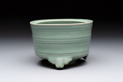 A Chinese Longquan celadon cylindrical tripod censer with trigrams design, Yuan/Ming