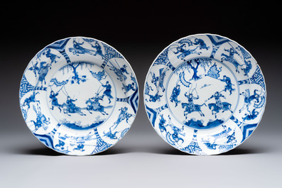Three large Chinese blue and white 'hunting scene' deep dishes, Chenghua mark, Kangxi