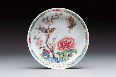 A set of six Chinese famille rose 'birds among flowering branches' cups and saucers, Yongzheng/Qianlong
