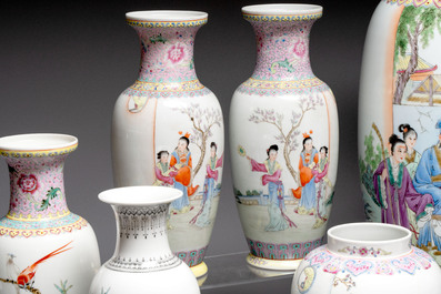 A collection of 13 Chinese famille rose vases and a jardini&egrave;re, Qianlong mark, 20th C.