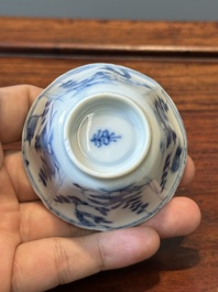 A set of six Chinese blue and white flower-shaped 'sanduo' cups and saucers, lingzhi mark, Kangxi