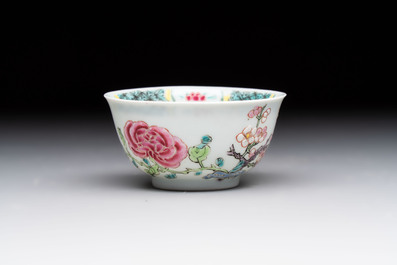 A set of six Chinese famille rose 'birds among flowering branches' cups and saucers, Yongzheng/Qianlong