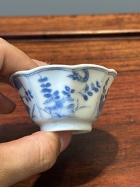 A set of six Chinese blue and white flower-shaped 'sanduo' cups and saucers, lingzhi mark, Kangxi