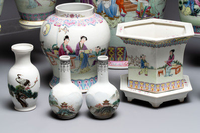 A collection of 13 Chinese famille rose vases and a jardini&egrave;re, Qianlong mark, 20th C.