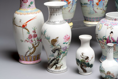A collection of 13 Chinese famille rose vases and a jardini&egrave;re, Qianlong mark, 20th C.