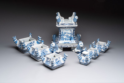 An impressive blue and white Dutch Delft seven-part tulip vase, 19th C.