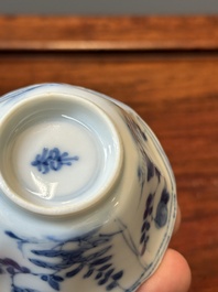 A set of six Chinese blue and white flower-shaped 'sanduo' cups and saucers, lingzhi mark, Kangxi