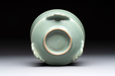 A Chinese Longquan celadon cylindrical tripod censer with trigrams design, Yuan/Ming