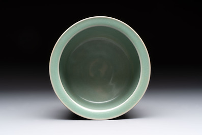 A Chinese Longquan celadon cylindrical tripod censer with trigrams design, Yuan/Ming