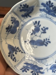 A set of six Chinese blue and white flower-shaped 'sanduo' cups and saucers, lingzhi mark, Kangxi