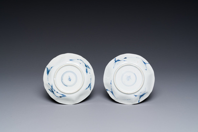 A set of six Chinese blue and white flower-shaped 'sanduo' cups and saucers, lingzhi mark, Kangxi
